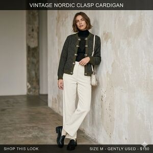 VTG L.L. Bean Nordic Wool Cardigan Sweater Made in Norway Pewter Clasp Sz S